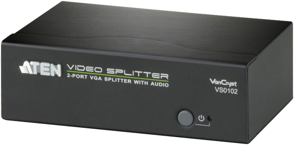 Разветвитель Aten VS0102-AT-G Video Splitter, VGA/SVGA/MultiSync+AUDIO, 1> 2 монитора/port 450MHz, 65 метр., F>M, без шнуров, БП 220> 5.3V, (1920*1440