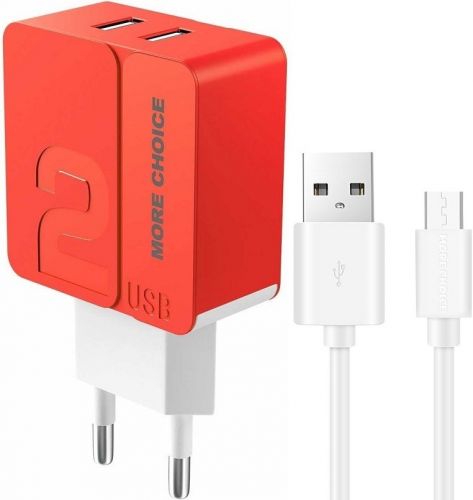 Зарядное устройство сетевое More Choice NC46m 2*USB 2.4A для micro USB 1м Red, цвет красный