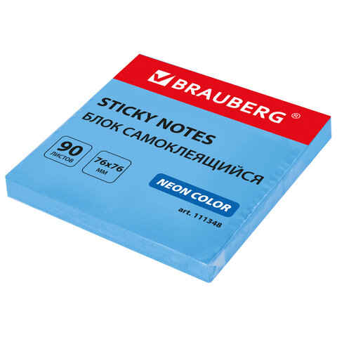 Блок BRAUBERG 111348 самоклеящийся (стикеры), неоновый, 76х76 мм, 90 листов, голубой