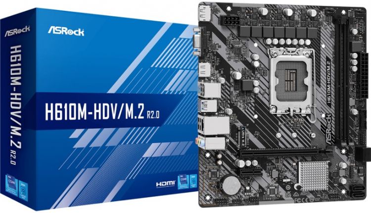 Материнская плата mATX ASRock H610M-HDV/M.2 R2.0 (LGA1700, H610, 2*DDR4 (3200), 4*SATA 6G, M.2, 3*PCIE, 7.1CH, Glan, 2*USB 3.2, USB Type-C, HDMI, D-Su материнская плата atx msi pro z690 a ddr4 lga1700 z690 4 ddr4 5200mhz 6 sata 6g raid 4 m 2 4 pcie 7 1ch 2 5glan hdmi dp usb type c 7 usb