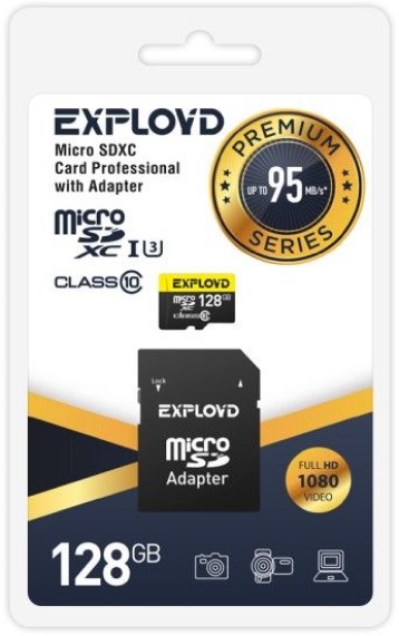 

Карта памяти MicroSDXC 128GB Exployd EX128GCSDXC10UHS-1-ElU3 Class 10 Premium UHS-I U3 (95 Mb/s) + SD адаптер, EX128GCSDXC10UHS-1-ElU3