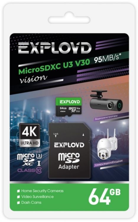 

Карта памяти MicroSDXC 64GB Exployd EX64GCSDXC10-U3-V30 Class 10 Vision UHS-I U V30 (95 Mb/s) + SD адаптер, EX64GCSDXC10-U3-V30