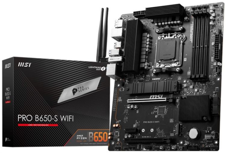 

Материнская плата ATX MSI PRO B650-S WIFI (AM5, AMD B650, 4*DDR5 (7200), 4*SATA 6G RAID, 2*M.2, 3*PCIE, 2.5Glan, WiFi, BT, USB Type-C, 7*USB 3.2, HDMI, PRO B650-S WIFI