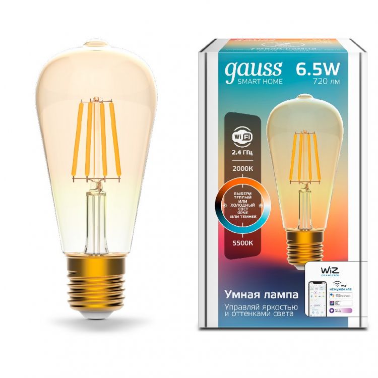 

Лампа светодиодная Gauss 1310112 филаментная Smart Home DIM+CCT E27 ST64 Golden 6,5 Вт 2000-5500 К 570...720 лм, 1310112