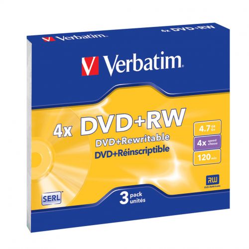 Диск DVD+RW Verbatim 43636 4.7ГБ, 4x, 3шт., Slim Case