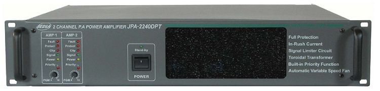 Усилитель JDM PA-224DP 2-х канальный, 2*240 Вт, 100В с приоритетным и программным входом, встроенным лимитером, многоступенчатой защитой