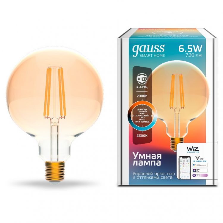 

Лампа светодиодная Gauss 1340112 филаментная Smart Home DIM+CCT E27 G95 Golden 6,5 Вт 2000-5500 К 570...720 лм, 1340112