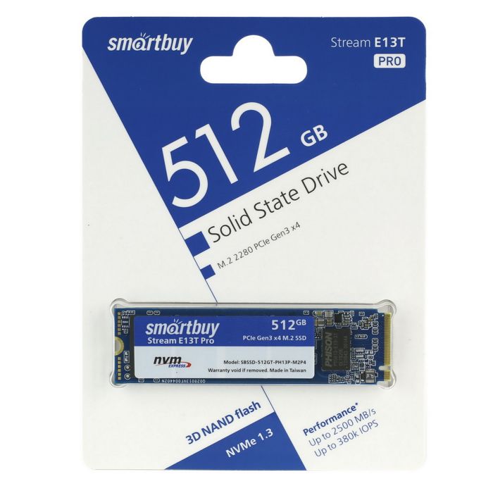 

Накопитель SSD M.2 SmartBuy SBSSD-512GT-PH13P-M2P4 512GB, Stream E13T Pro, PCI-E x4, up to 2500/2100MBs, NVMe, 3D TLC, PS5013T, 22х80мм, SBSSD-512GT-PH13P-M2P4