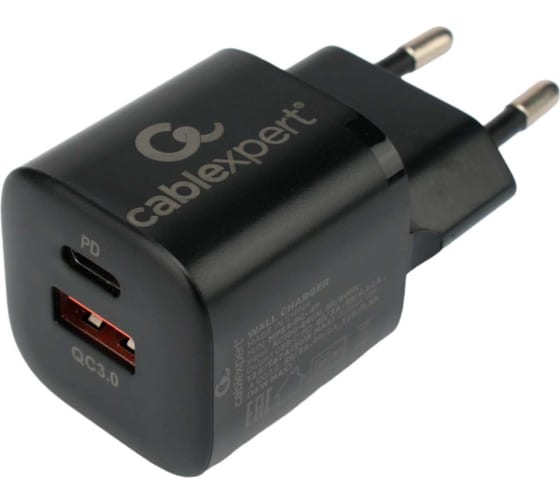 Зарядное устройство сетевое Cablexpert MP3A-PC-47 20Вт, 3А, QC3.0/PD, 2 порта: USB и Type-C, черный, пакет