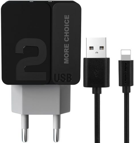 Зарядное устройство сетевое More Choice NC46i 2*USB 2.4A для Lightning 8-pin 1м Black Grey, цвет черный NC46i Black Grey - фото 1
