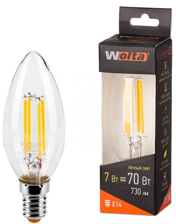 

Лампа светодиодная WOLTA 25YCFT7E14 FILAMENT 7Вт 3000K Е14, 25YCFT7E14