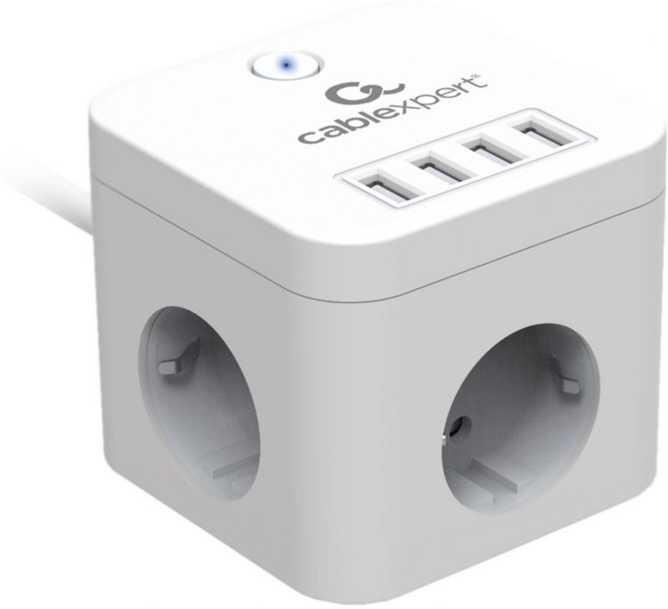 Сетевой фильтр Cablexpert CUBE-3-U4-W-1.5 Cube, 3р, 10А, 4хUSB, 1.5м, ур.защиты 4+, белый