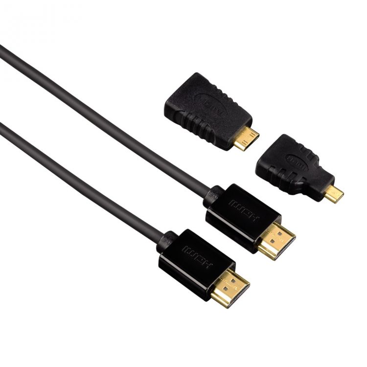 

Кабель интерфейсный HDMI-HDMI HAMA H-54561 00054561 HDMI HS with Eth. (1.4)(m-m) два переходника HDMI D(micro)/C (mini) 1.5м черный, H-54561