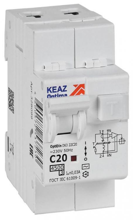 

Автомат дифференциальный КЭАЗ 328099 OptiDin D63-22C20-AC-У3 2P C20A 30mA 4,5кА, 328099