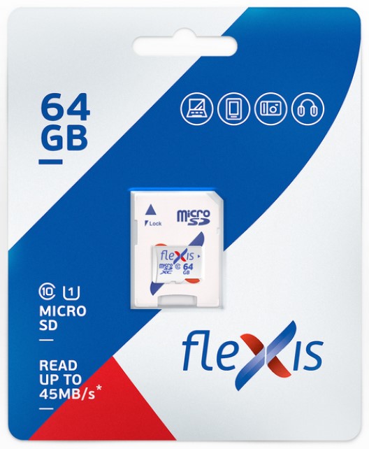 

Карта памяти MicroSDXC 64GB Flexis FMSD064GU1A UHS-I Class 10 U1, c адаптером, FMSD064GU1A