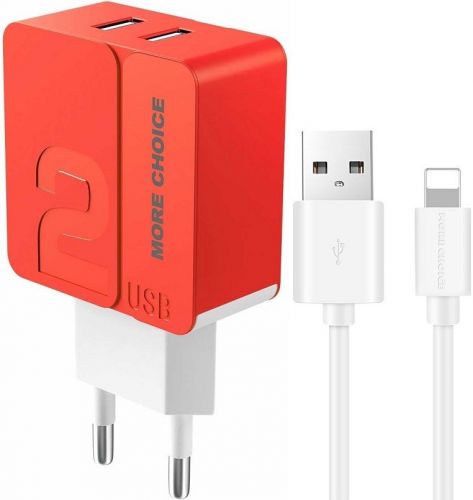 Зарядное устройство сетевое More Choice NC46i 2*USB 2.4A для Lightning 8-pin 1м Red, цвет красный