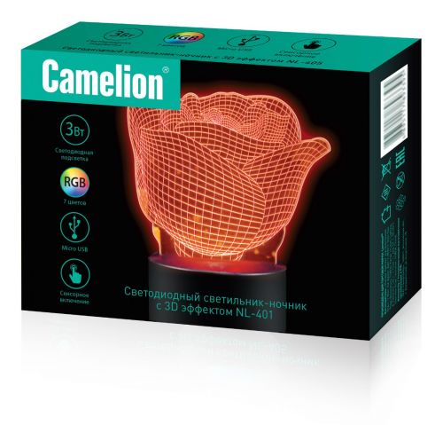Светильник настольный Camelion NL-401 светодиодный ночник, RGB, 220В/3*LR6 (AA)/USB, "Роза", с эффек