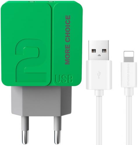 Зарядное устройство сетевое More Choice NC46i 2*USB 2.4A для Lightning 8-pin 1м Green, цвет зелёный NC46i Green - фото 1