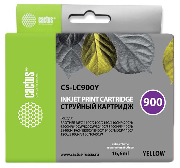 

Картридж Cactus CS-LC900Y желтый для Brother DCP-110/115/120/MFC-210/215/FAX-1840 (16.6мл), CS-LC900Y