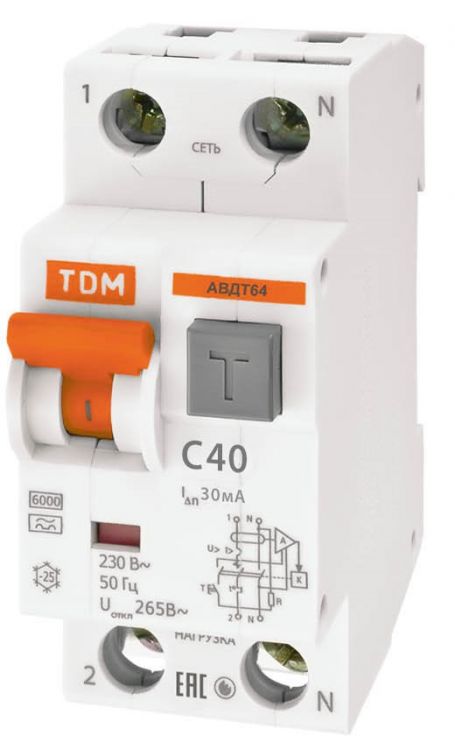 

Автомат дифференциальный TDM SQ0205-0010 АВДТ 64 2Р(1Р+N) C40 30мА тип А защита 265В, SQ0205-0010