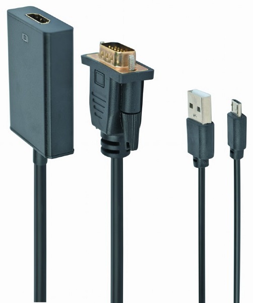 цена Переходник Cablexpert A-VGA-HDMI-01 VGA (M)-HDMI (F), 19M/15F, длина 15см, аудиовыход Jack 3,5 (M), питание от USB