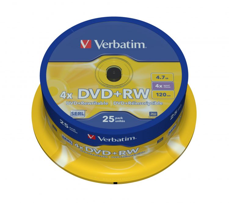 Диск DVD+RW Verbatim 43489 4.7ГБ, 4x, 25 шт., Cake Box verbatim 4 7 gb 16x cake box 50 full ink printable pro 50 200