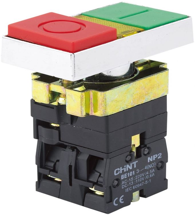 

Кнопка двойная CHINT 574789 NP2-BW8465 белый корпус, 1НО+1НЗ, AC/DC230В (LED), IP40 (R), 574789