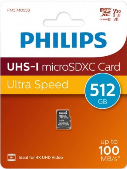 

Карта памяти MicroSDXC 512GB Philips FM51MD55B/97 High Speed Class UHS-I U3, V30, A1, 100MB/s, FM51MD55B/97