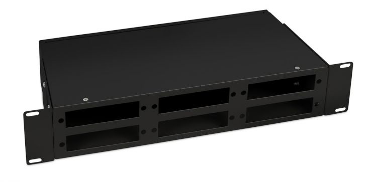 Кросс оптический стоечный Cabeus FO-CS-19-6FP-BK 19 2U на 6 адаптерных панелей, цвет черный комплект ecler 2uhrmkit монтажный для установки в стойку 19 приборов шириной 1 2u высотой 2u
