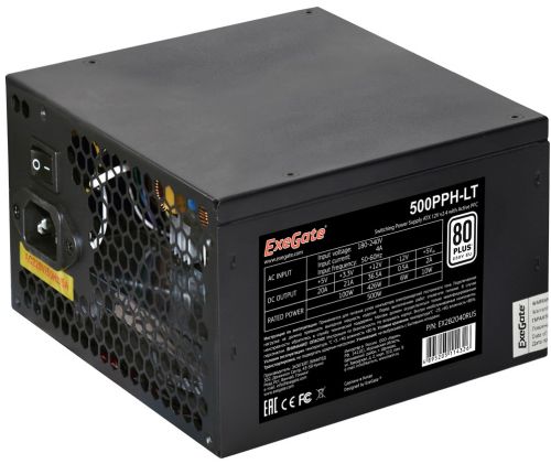 Блок питания Exegate 500PPH-LT-OEM EX282040RUS-OEM 80+, ATX, 500W, APFC, 12cm, 24p, (4+4)p, 5*SATA,