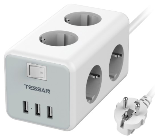 Сетевой фильтр TESSAN TS-306 Grey 6 евророзеток 220В и 3 USB и кн. питания, 3600Вт, до 16А, кабель 2м (80001847) - фото 1