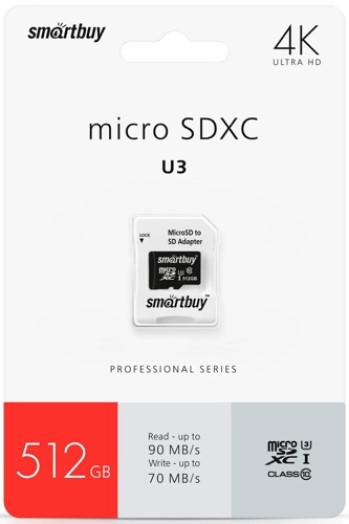 

Карта памяти 512GB SmartBuy SB512GBSDCL10U3-01 MicroSDXC Class 10 Pro UHS-I U3 (70/90 Mb/s) + SD адаптер, SB512GBSDCL10U3-01