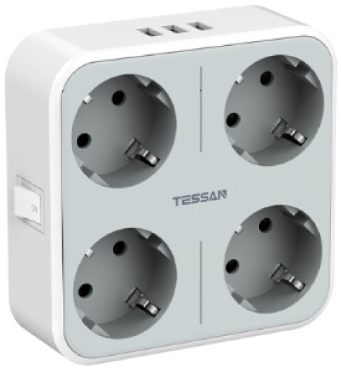 Сетевой фильтр TESSAN TS-302-DE Grey 4 евророзетки 220В и 3 USB и кн. питания, 3600Вт, до 16А (80001839)