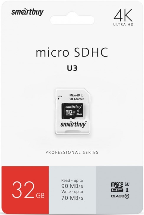 

Карта памяти 32GB SmartBuy SB32GBSDCL10U3-01 MicroSDHC Сlass 10 Pro UHS-I U3 (70/90 Mb/s)+ SD адаптер, SB32GBSDCL10U3-01