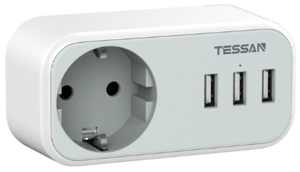 Сетевой фильтр TESSAN TS-329 Grey 1 розетка 220В и 3 USB порта, 3600Вт, до 16А (80001845) - фото 1