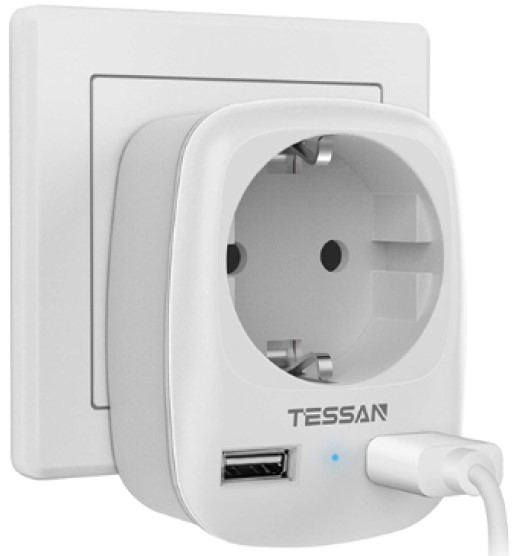 Сетевой фильтр TESSAN TS-611-DE Grey 1 розетка 220В и 2 USB порта, 4000Вт, до 16А (80001855)