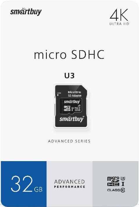 

Карта памяти 32GB SmartBuy SB32GBSDU1A-AD MicroSDHC Сlass 10 Advanced U3 V30 A1 (55/90 Mb/s)+ SD адаптер, SB32GBSDU1A-AD