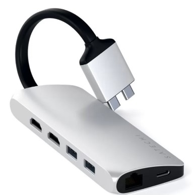 Концентратор Satechi Type-C Dual Multimedia Adapter (УЦЕНЕННЫЙ) для Macbook с двумя портами USB-C, серебряный