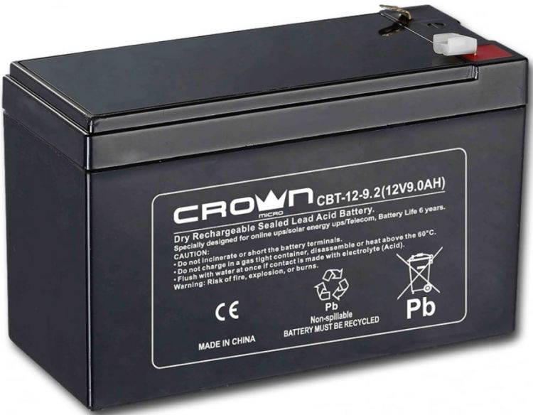 Аккумулятор Crown CBT-12-9.2 CM000001678 свинцово-кислотный, 12В, 9.2 А/Ч, ABS-пластик, F2 (Т2), срок службы 6 лет