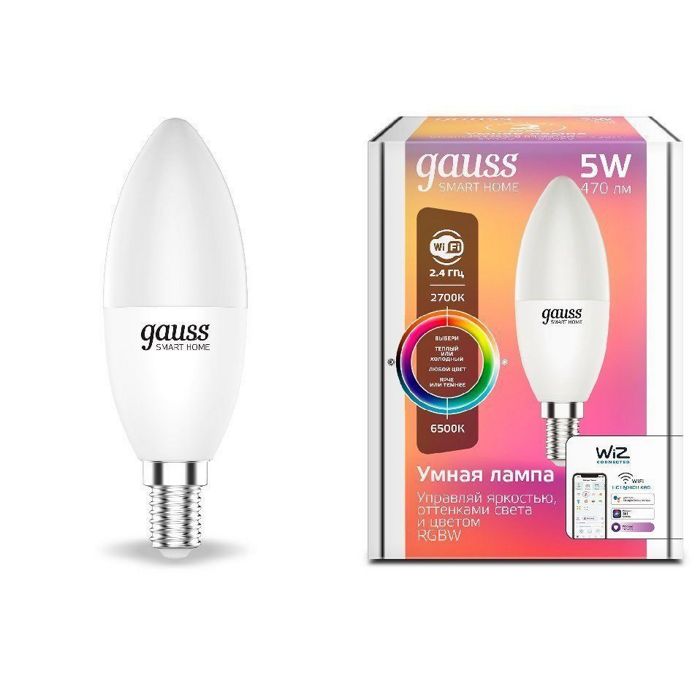 

Лампа светодиодная Gauss 1190112 Smart Home RGBW E14 C37 5 Вт 2700-6500K 450...470 лм, 1190112