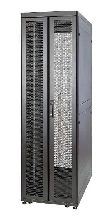 Шкаф напольный 19, 48U Eurolan 60F-48-6A-94BL Rackcenter D9000 48U 600×1000, передняя дверь перфорированная одностворчатая, задняя дверь перфорирован цена и фото
