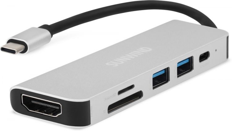 

Разветвитель SUNWIND SW-DS030 1735702 Type-C to 6 портов (HDMI, USB-C PD 87W, SD/MicroSD, 1xUSB 3.0, 1xUSB 2.0), SW-DS030