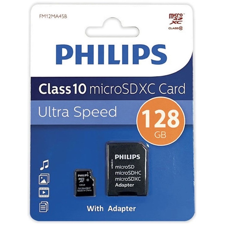 

Карта памяти MicroSDXC 128GB Philips FM12MA45B/97 Class 10 (SD адаптер), FM12MA45B/97