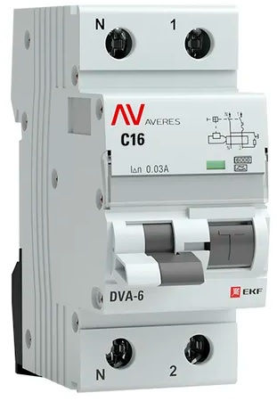 

Автомат дифференциальный EKF rcbo6-1pn-16C-30-a-av DVA-6 1P+N 16А (C) 30мА (A) 6кА AVERES, rcbo6-1pn-16C-30-a-av