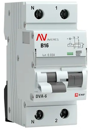 

Автомат дифференциальный EKF rcbo6-1pn-16B-30-a-av DVA-6 1P+N 16А (B) 30мА (A) 6кА AVERES, rcbo6-1pn-16B-30-a-av