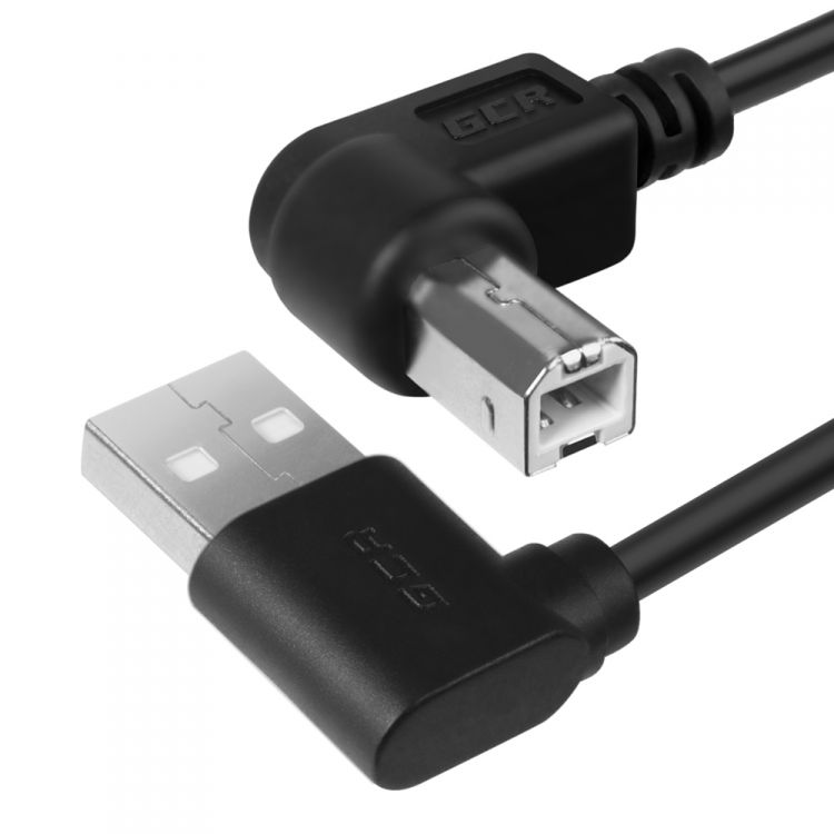 Кабель интерфейсный USB 2.0 GCR GCR-AUPC5AM-BB2S-0.5m , 13001, AM/BM угловой/угловой, черный, 28/28 AWG, экран, армированный, морозостойкий