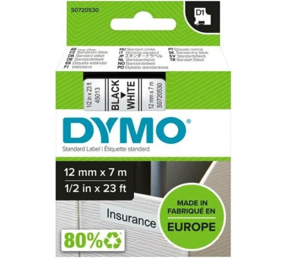 Картридж Dymo S0720530 с лентой 12 мм х 7 м. , пластик, черный шрифт/белая лента