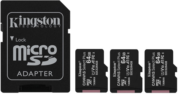 

Карта памяти 64GB Kingston Canvas Select Plus SDCS2/64GB-3P1A 3 x 64 GB, UHS-I Class 10 U1 A1, чтение до 100Мб/с, с адаптером, Canvas Select Plus