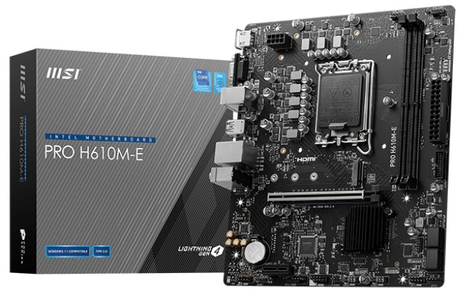 

Материнская плата mATX MSI PRO H610M-E (LGA1700, H610, 2*DDR5 (5600), 4*SATA 6G, M.2, 2*PCIE, Glan, VGA, HDMI, 2*USB 3.2, 4*USB 2.0), PRO H610M-E