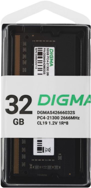 Модуль памяти DDR4 32GB Digma DGMAS42666032S 2666MHz RTL PC4-21300 CL19 SO-DIMM 260-pin 1.2В single rank Ret - фото 1